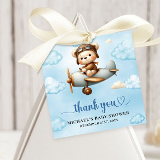 Stylish Blue Brown Teddy Bear Aviator Boy Shower   Bedankjes Labels