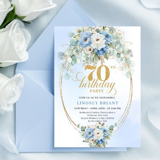 Stylish Blue Floral Eucalyptus 70th Birthday Invit Kaart