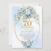 Stylish Blue Floral Eucalyptus 70th Birthday Invit Kaart (Voorkant)