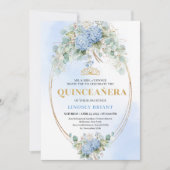 Stylish Blue Floral Gold Quinceañera Invitation (Devant)