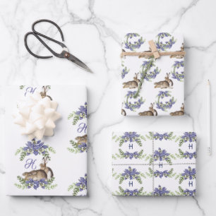 Stylish Blue Floral Rabbit Waterverf Cute Bunny Inpakpapier Vel