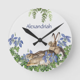 Stylish Blue Floral Rabbit Waterverf Cute Bunny Ronde Klok