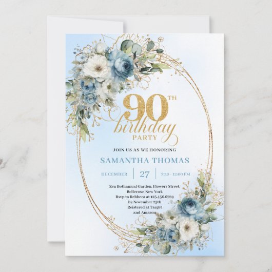 Stylish Bohemian Blue Floral Greenery 90 Birthday Kaart (Voorkant)
