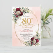 Stylish Boho Burgundy Gold 80th Birthday Invitatio Kaart (Staand voorkant)