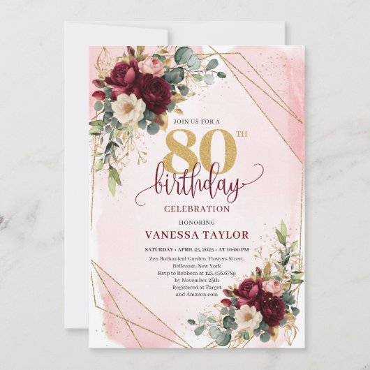 Stylish boho maroon gold roses 80th birthday kaart (Voorkant)