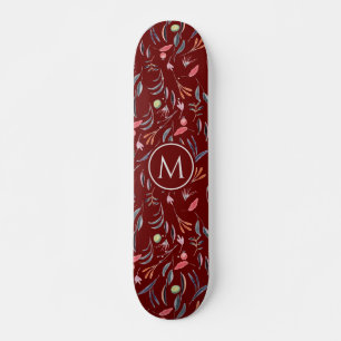 Stylish Burgundy Floral Waterverf MONOGRAM Skateboard