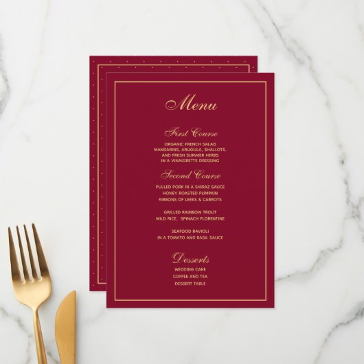 Stylish Burgundy Gold Script Weduwmenu Menu (Voorkant / Achterkant in situ)