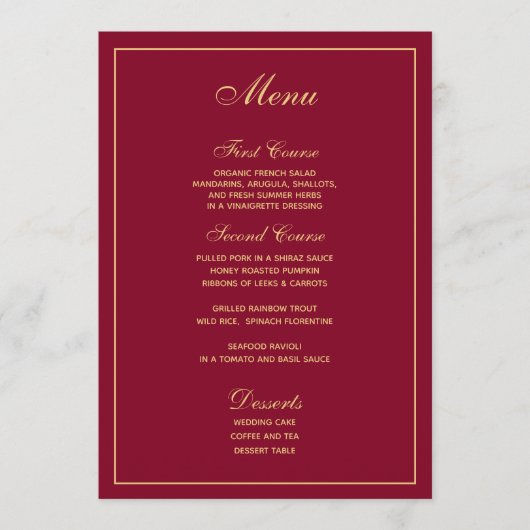 Stylish Burgundy Gold Script Weduwmenu Menu (Voorkant)