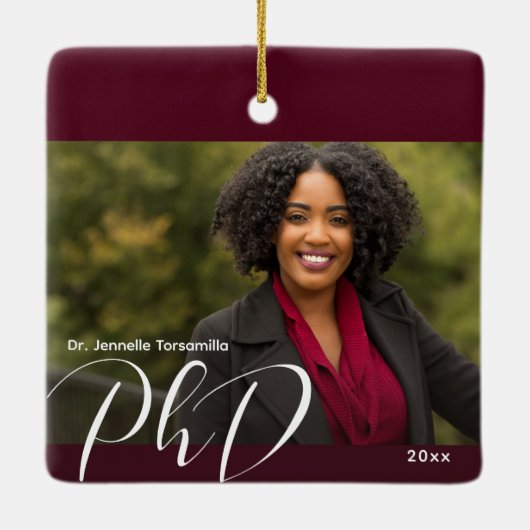Stylish Burgundy Photo PhD Afstuderen Keramisch Ornament (Achterkant)