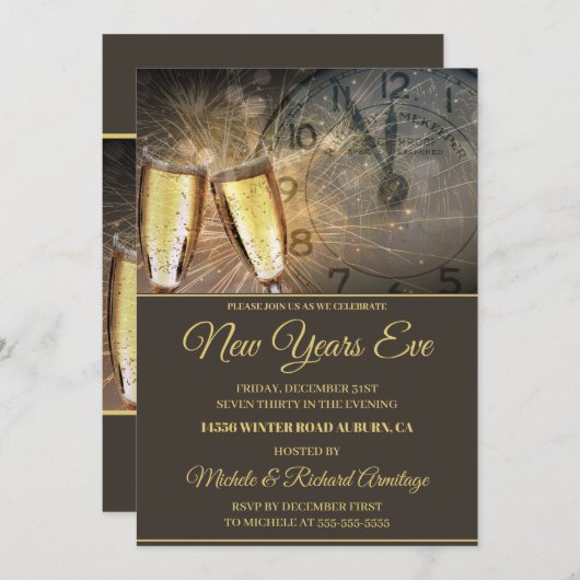 Stylish Champagne en Clock New Years Uitnodiging (Voorkant / Achterkant)