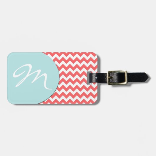 Stylish Coral Chevron en Monogram Bagagelabel (Voorkant horizontaal)