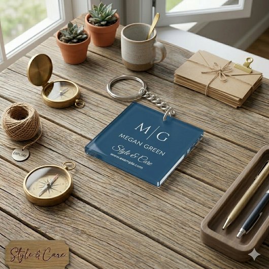 Stylish Custom Text Name and Brand Display Navy Sleutelhanger