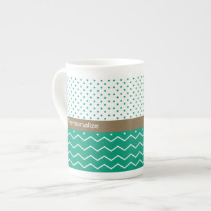 Stylish Emerald Green and White Chevron Polka Dots Porselein Kop