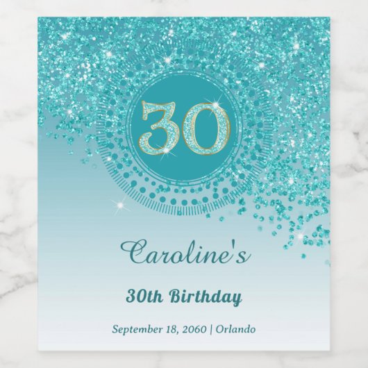 Stylish Falling Teal Blue Glitter 30th Birthday Wijn Etiket (Enkel label)