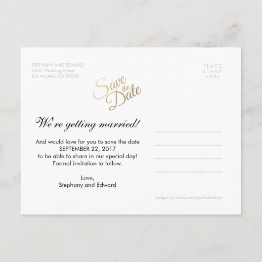 Stylish Faux Gold Enregistrer la date Photo Carte  (Dos)