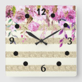 Stylish Floral Gold Striped Vierkante Klok (Voorkant)