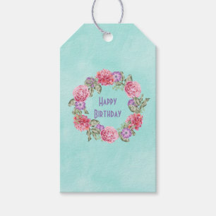 Stylish Floral Waterverf Wreats Happy Birthday Cadeaulabel