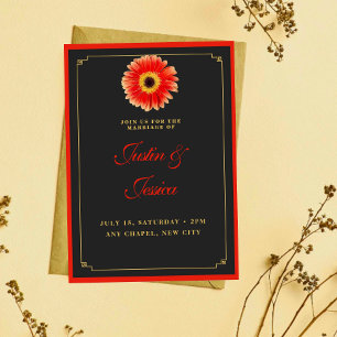 Stylish Gerbera Daisy Red and Gold Accents Wedding Kaart