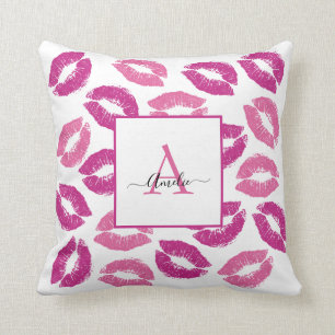 Stylish Girly Pink Kisses Lips Monogram Name Kussen