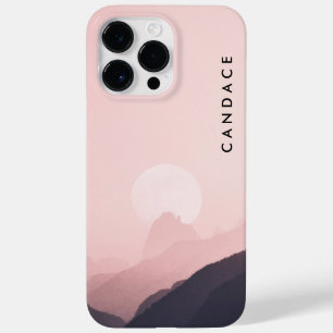 Stylish Girly Pink Mountain Moon Sun en Name Hoesj Case-Mate iPhone 14 Pro Max Hoesje