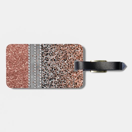 Stylish Girly Roos Gold Glitter Leopard Monogram Bagagelabel (Achterkant horizontaal)