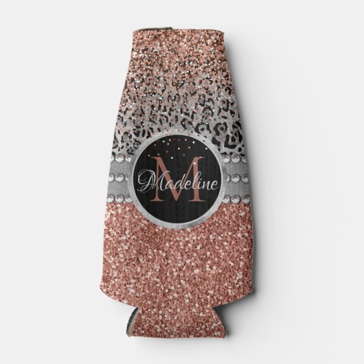Stylish Girly Roos Gold Glitter Leopard Monogram Flesjeskoeler (Voorkant)