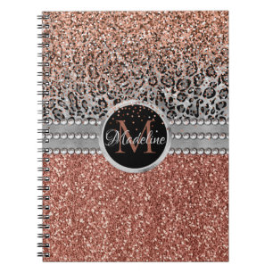 Stylish Girly Roos Gold Glitter Leopard Monogram Notitieboek