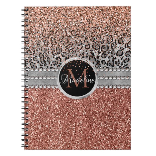 Stylish Girly Roos Gold Glitter Leopard Monogram Notitieboek (Voorkant)