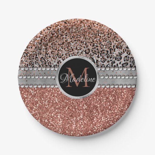 Stylish Girly Roos Gold Glitter Leopard Monogram Papieren Bordje (Voorkant)