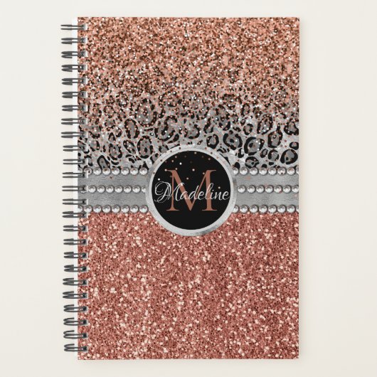 Stylish Girly Roos Gold Glitter Leopard Monogram Planner (Voorkant)