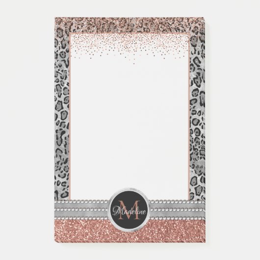 Stylish Girly Roos Gold Glitter Leopard Monogram Post-it® Notes (Voorkant)