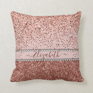 Stylish Girly Roos Gold Glitter Rhinestone Name Kussen