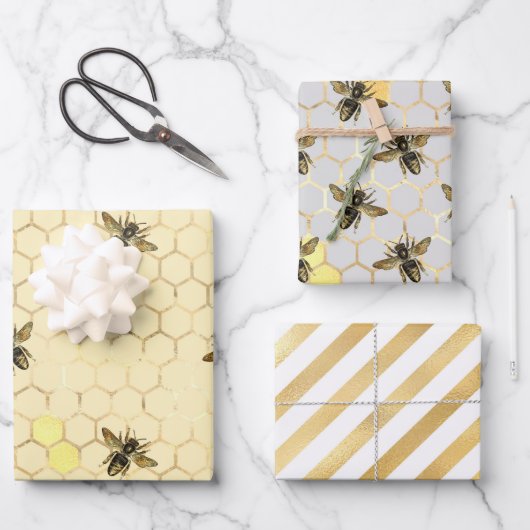 Stylish Gold Bees Honeycomb Honey Stripes Inpakpapier Vel (Voorkant)