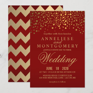 Stylish Gold Confetti Maroon Wedding Kaart