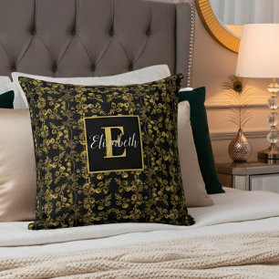 Stylish Gold en black damask swirl Monogramed Kussen