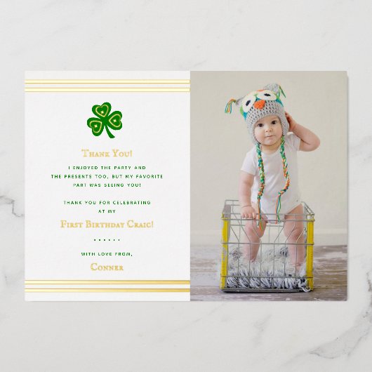 Stylish Gold Foil St. Patrick's Day 1st Birthday Folie Uitnodiging (Voorkant)