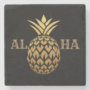 Stylish Gold Pineapple Black Aloha Tropical Hawaii Stenen Onderzetter