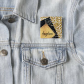 Stylish Gold Teardrop Verf Black Marble Monogram Vierkante Button 5,1 Cm (In situ)