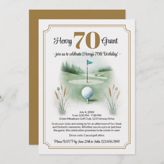Stylish Golf 70th Birthday Invitations (Devant / Derrière)