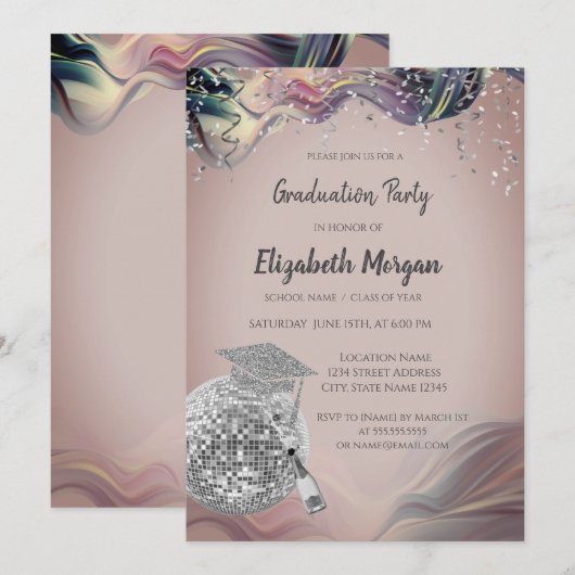 Stylish Grad Cap,Disco Ball,Wine Violet Abstract Kaart (Voorkant / Achterkant)