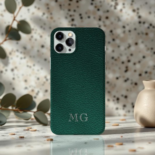 Stylish Green Faux Leather White Monogram Initial Case-Mate iPhone Case