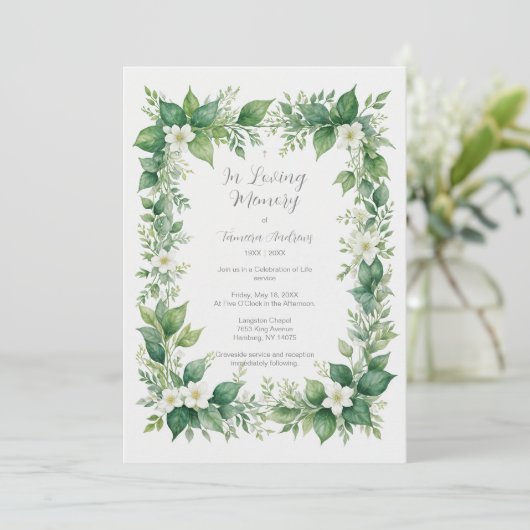 Stylish Greenery Frame Photo Funeral Invitation (Debout devant)