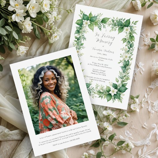 Stylish Greenery Frame Photo Funeral Invitation Kaart