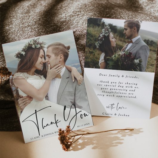 Stylish Hand Lettered 2 Photo Wedding Bedankkaart