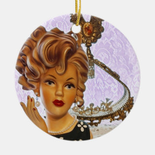 Stylish Lady Head Vase Spiral Curls Floral Dress Keramisch Ornament