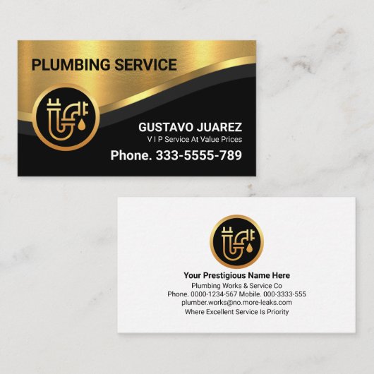 Stylish Luxurious Gold Curve Wave Plumber Visitekaartje (Voorkant / Achterkant)