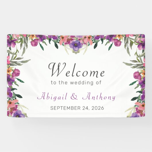Stylish Mauve Floral Waterverf Welcome Wedding  Spandoek (Horizontaal)