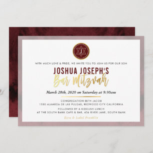 STYLISH MONOGRAM BAR MITZVAH maroon donkerrood gou Kaart