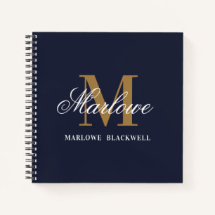 Stylish Navy Blue Gold Monogram Calligrafie Notitieboek