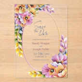 Stylish Pink and Orange Floral Save The Date Acryl Uitnodigingen (Voorkant)